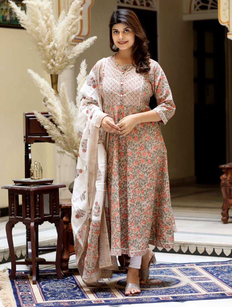 Miravan Brown Floral Cotton Anarkali Kurta with Dupatta for Women - Image 5